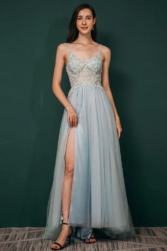 summer floral dressLight Blue Chiffon A-line Beaded Long Prom Dress