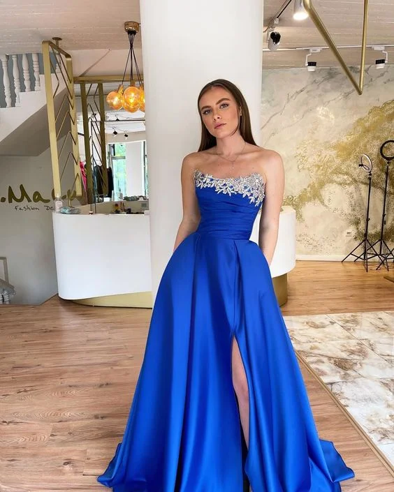 ruffle dressRoyal Blue A-line High Slit Prom Dress,Royal Blue Evening Dress Y6221