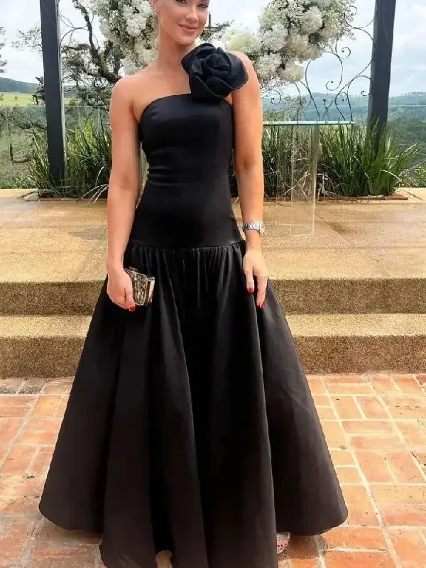 wrap dressClassy Long Black One Shoulder Satin Prom Dress With Flower A-Line Sleeveless Evening Dresses for Women 2024 Pleated Party Gown