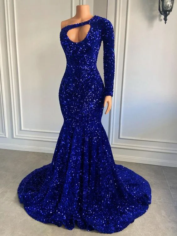 midi dressSparkly One Shoulder Royal Blue Sequin Mermaid Style Prom Dress Y6874