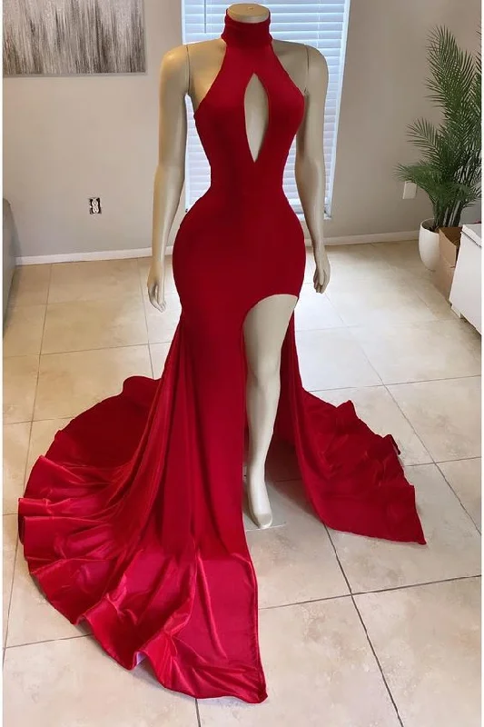 cocktail party dressGlorious Red Front Split Mermaid High-Neck Prom Dress Online