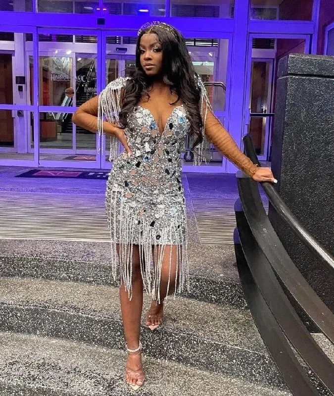 spaghetti strap dressSexy Silver Backless Short Prom Dresses For Black Girl Robe De Soiree Party Birthday Homecoming Party Gowns