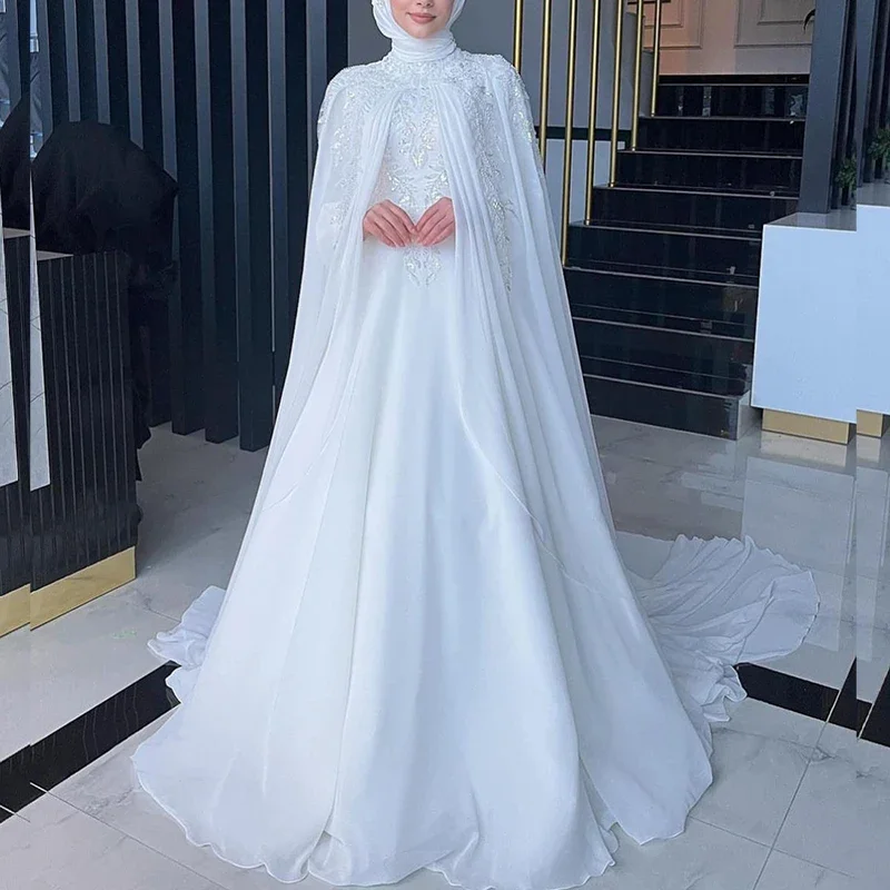 boho dressElegant Muslim Wedding Dresses with Cape High Neck Long Sleeves Sweep Train Chiffon Appliques Beading Hijab Bride Bridal Gowns