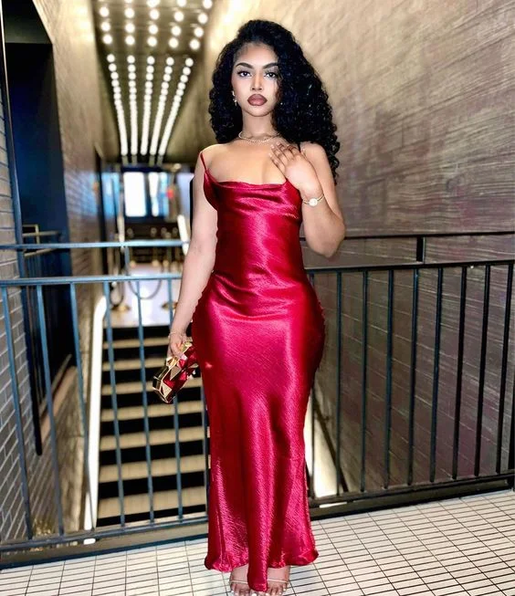 statement dressSexy Red Satin Mermaid Spaghetti Straps Long Evening Dress Y6256