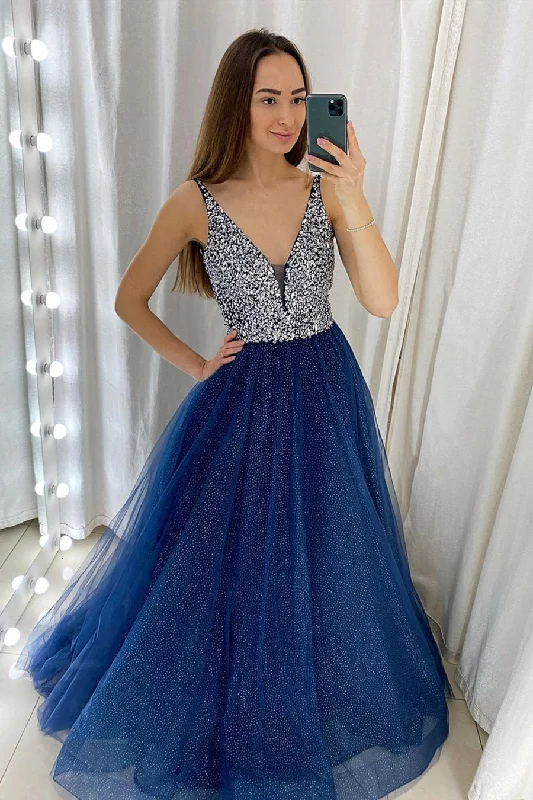 casual knit dressGlitter V Neck Navy Blue Long Prom Dress with Sequins