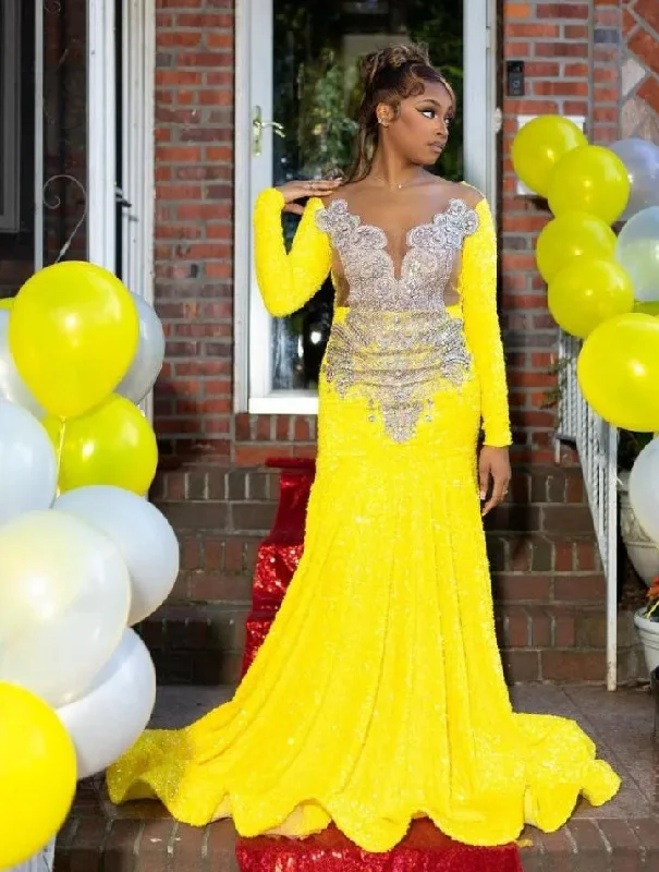 modern dressYellow Luxury African Mermad Evening Formal Dress Long Sleeve Sparkly Diamond Blak Girl Prom Birthday Gown vestidos de gala