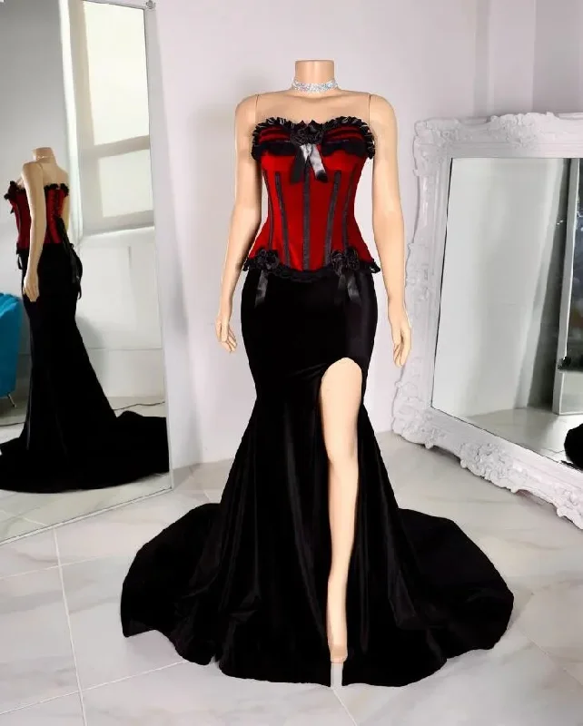 off-the-shoulder dressWine Red Black Velvet Victorian Mermaid Evening Formal Dresses Sweetheart Lace-up Corset Steampunk Gothic Prom Gown high slit