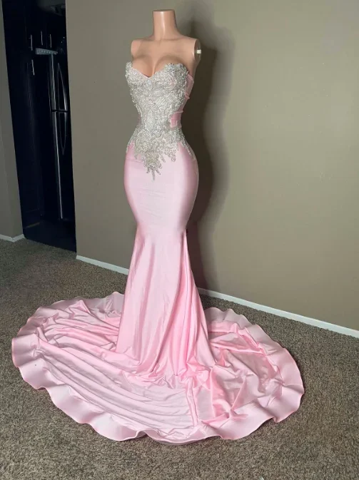 cocktail dressChic Pink Strapless Sleeveless Mermaid Prom Dress with Embroidery