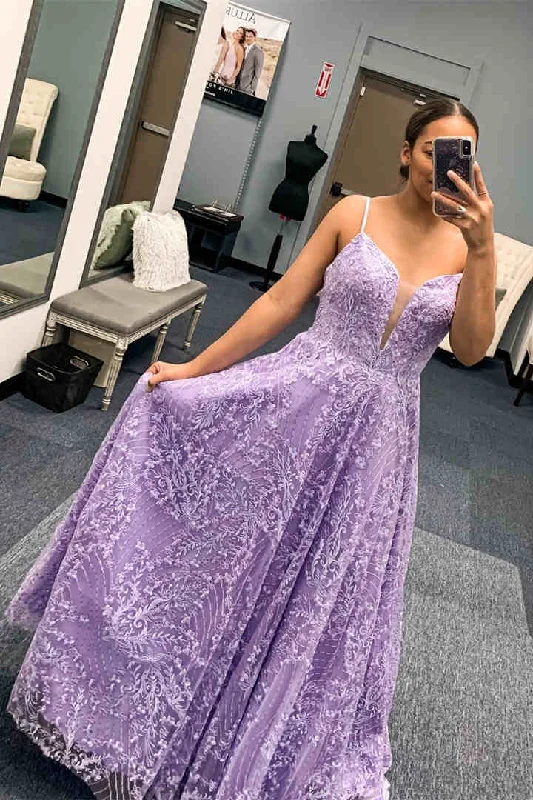 pleated maxi dressElegant Lavender Embroidery A-Line Long Prom Dress