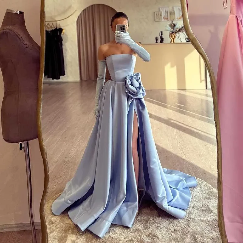 satin midi dressElegant Blue A Line Prom Dresses Custom Made Side Split Strapless Formal Occasion Dress with Ruffled Flower Satin فساتين سهرة