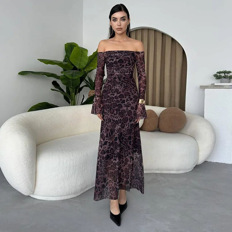 draped dressLeopard Print Floral-print Off-shoulder Bell Sleeve Dress Female Fashion