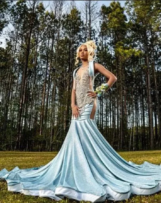 satin midi dressIce Blue Sparkly Long Evening Birthday Dresses for Black Girl Luxury Gillter Mermaid Crystal Prom Ceremony Gown Gala Dress