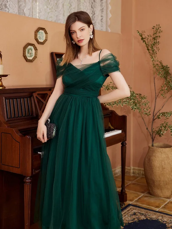 pleated dressBerriesJam - Off Shoulder Mesh Lace-Up Tea-Length Pro Dress