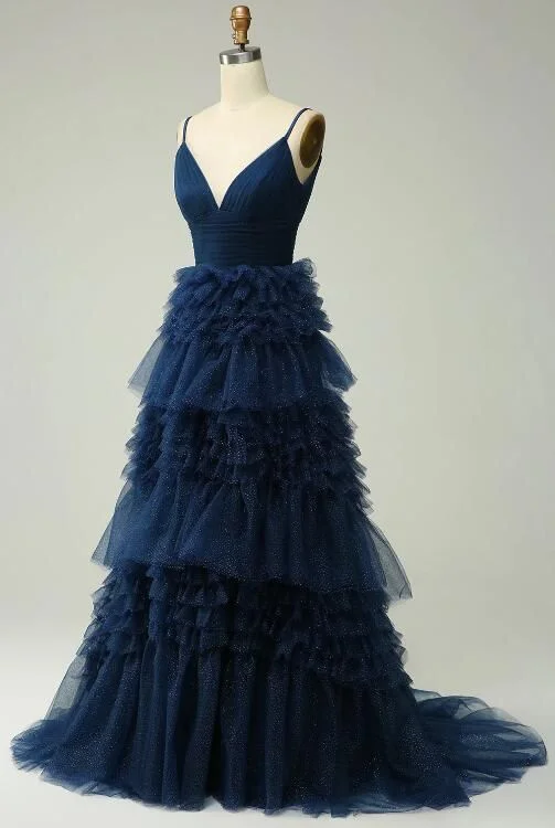 office dressA Line Spaghetti Straps Navy Long Prom Dress With Ruffles Y6766