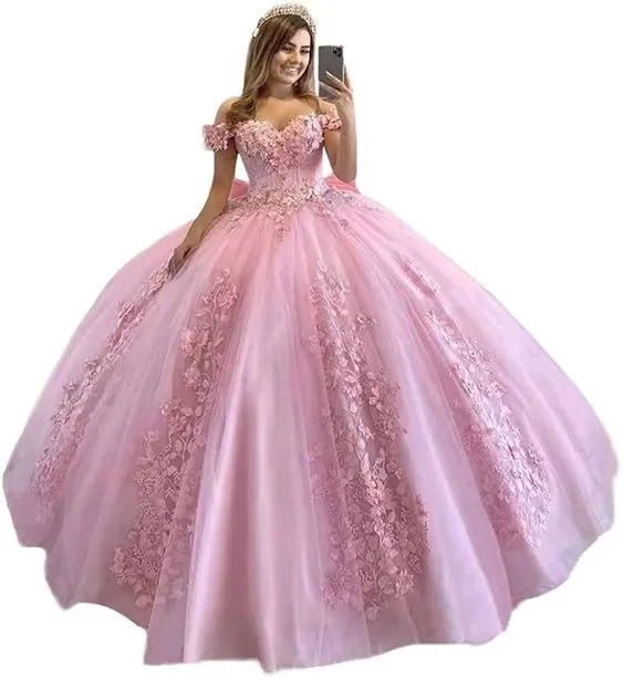 tiered dressOff Shoulder Quinceanera Dresses for Teens Lace Floral Flower Ball Gown For Sweet 15 16 Puffy Long Princess Dress with Train Y6979