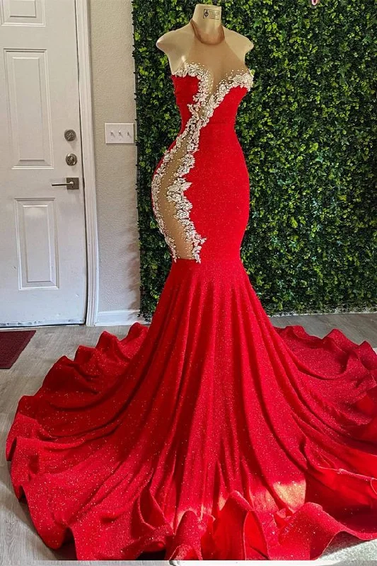 sleek midi dressRed High Neck Sleeveless Mermaid Prom Dress With Beadings