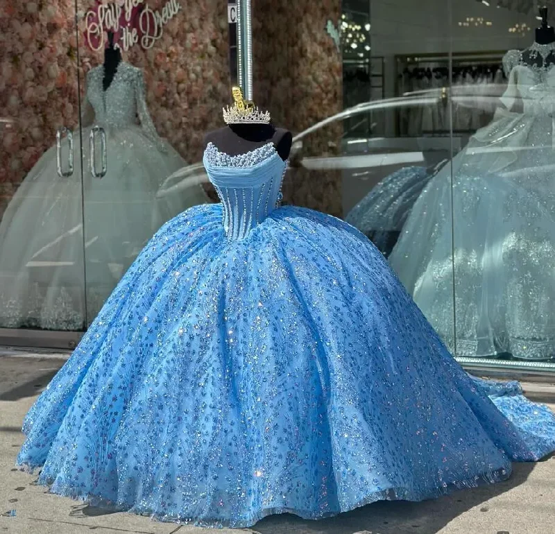 ruffle dressIce Blue Sparkly Princess Quinceanera Dresses Boning Corset Pearls Beaded Gillter vestidos de 15 años quinceañeras 2024