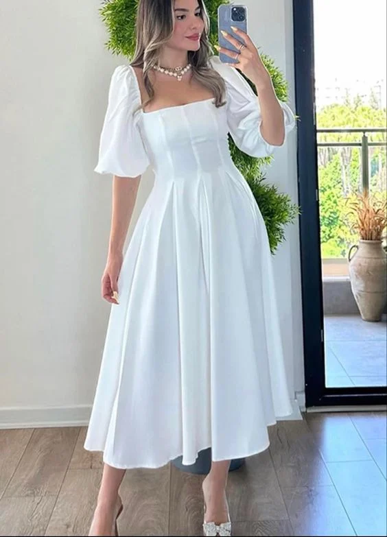 pleated dressRetro Style White Square Neckline A-line Prom Dress Y6867