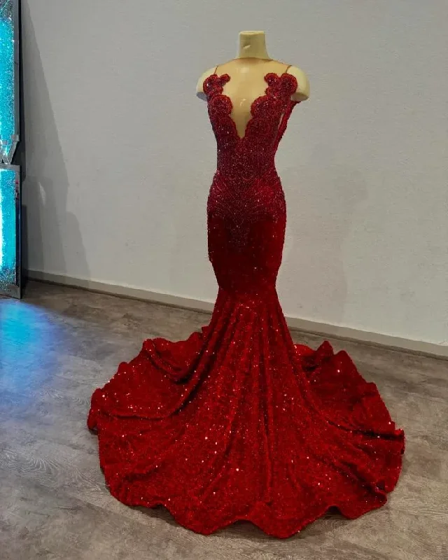 chic shift dressRed Sparkly Long Mermaid Prom Birthday Gala Dresses for Black Girl Luxury Diamond Velvet Evening Gown vestidos de 15 años