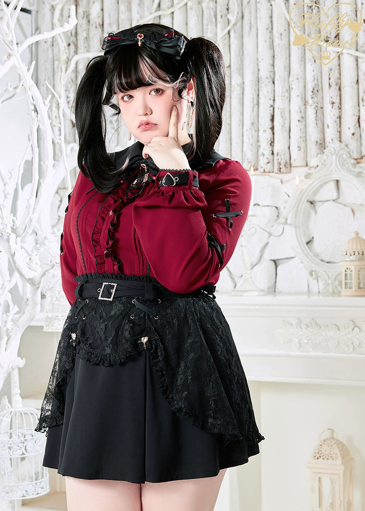 stylish dress(BFM)Fluffy Heart~Vampire~Jirai Kei Rhinestone Belt Black Lace Double Layers Skirt