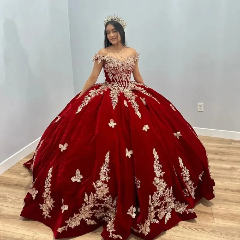 form-fitting dressRomantic Sweetheart Neck Quinceanera Dresses Sparkly 3D Flower Ball Gown Burgundy Sweet 16 Year Princess Dress vestidos de anos