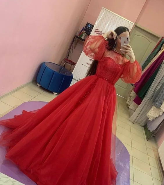 oversized dressElegant Red A-line Tulle Prom Dress,Red Formal Dress Y7194