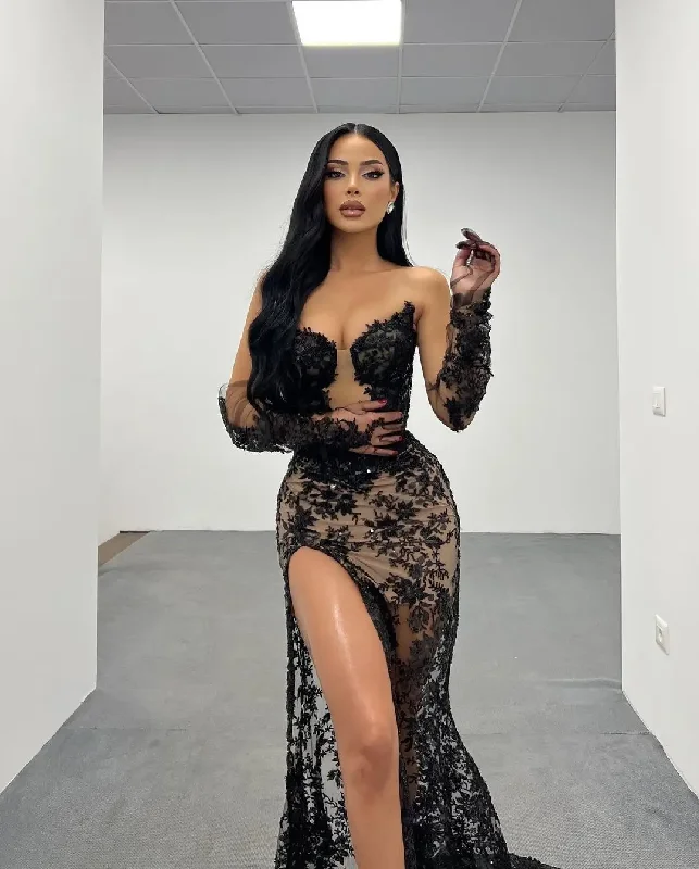 casual dressClassic Black Lace Evening Dresses with Detachable Sleeves Sexy Slit Appliques Mermaid Formal Gown Prom Party Dress Custom