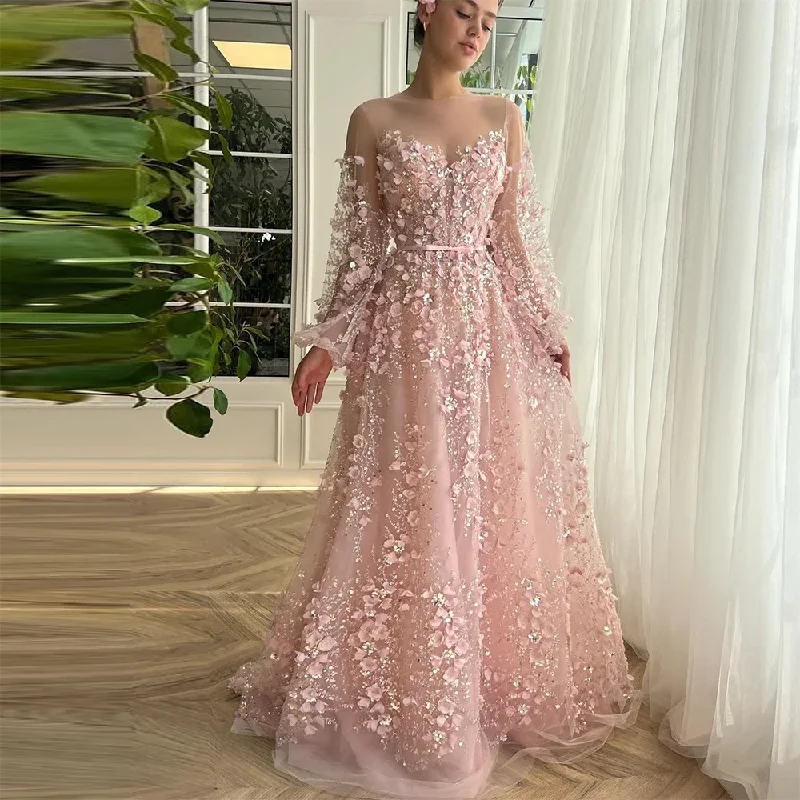 silk dressExquisite Sequined Crystal Beading 3D Flowers Prom Dresses Long Sleeves Pleat Ruched A-Line Evening Gowns Formal Gown