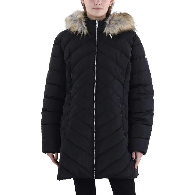 classic trench coatWomens Faux Fur Trim Hooded Puffer Jacket