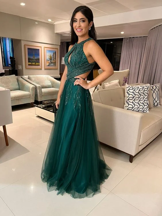 flowy maxi dressGreen A-line Tulle Evening Dress,Green Prom Gown Y5650