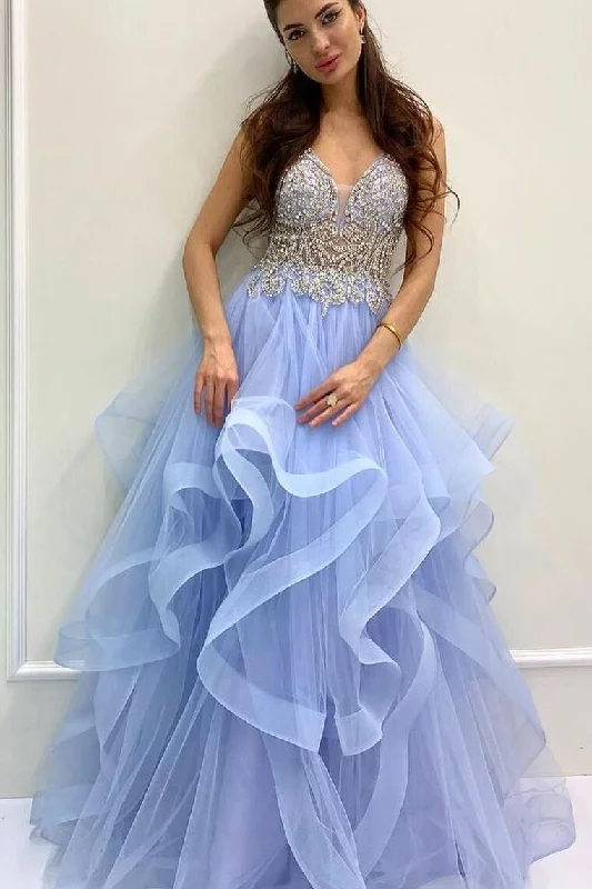 fitted cocktail dressGorgeous Beaded Blue Tiered Long Formal Gown