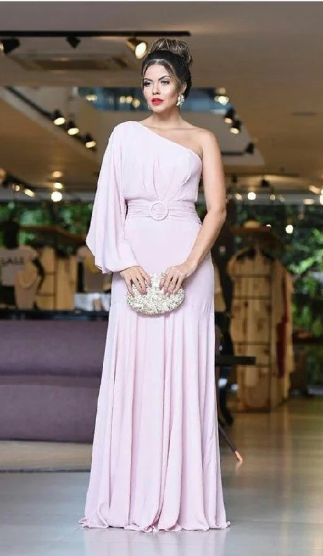 off-the-shoulder dressElegant Pink One Sleeve Long Prom Dress,Pink Wedding Guest Outfit  Y7054