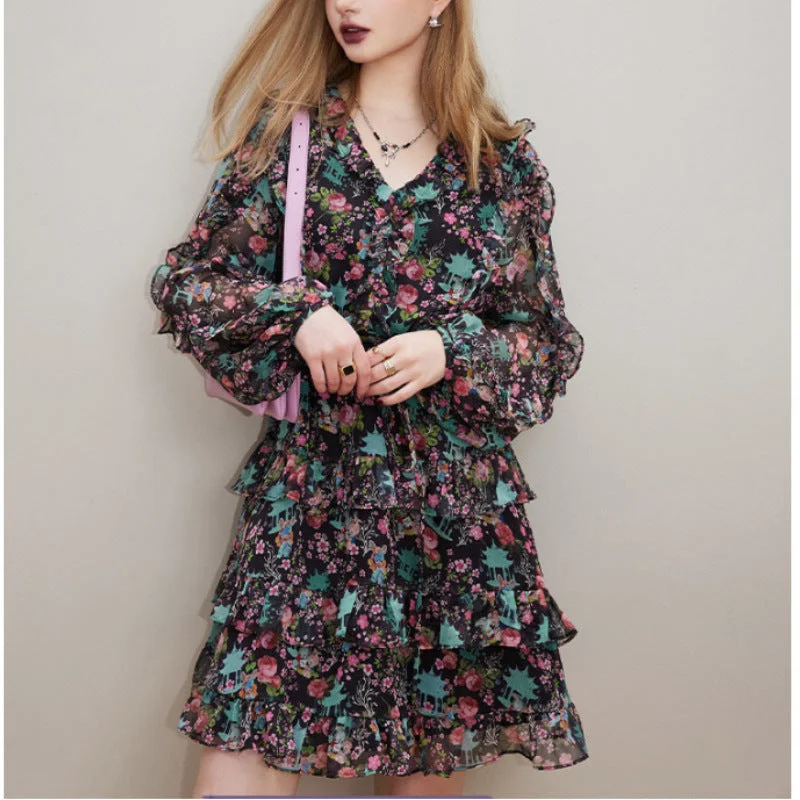 A-line dressV-neck Long Sleeve Floral Dress Women's Slimming Small