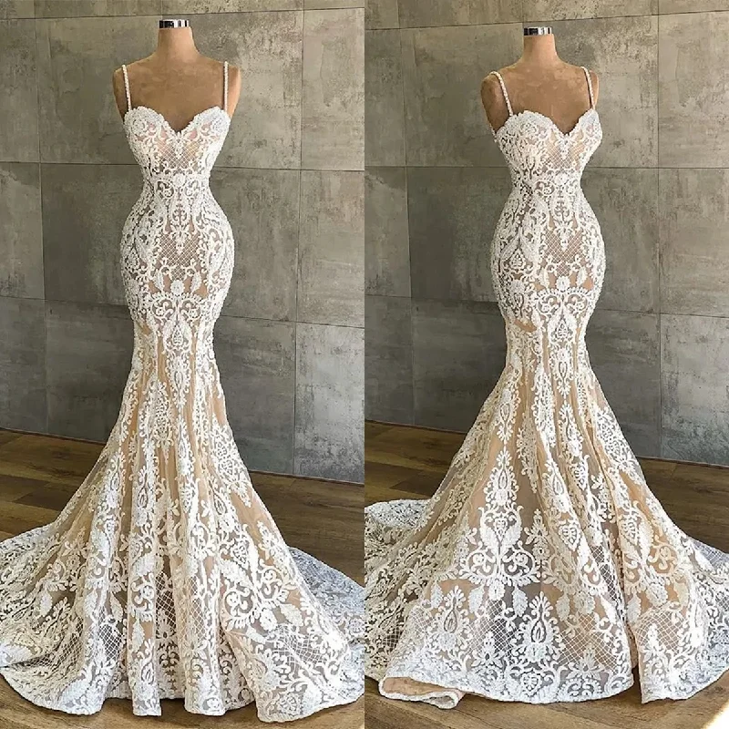 satin dressElegant Lace Mermaid Wedding Dresses Spaghetti Straps Sleeveless Bridal Gown Simple Floor Length Formal Trumpet Dress