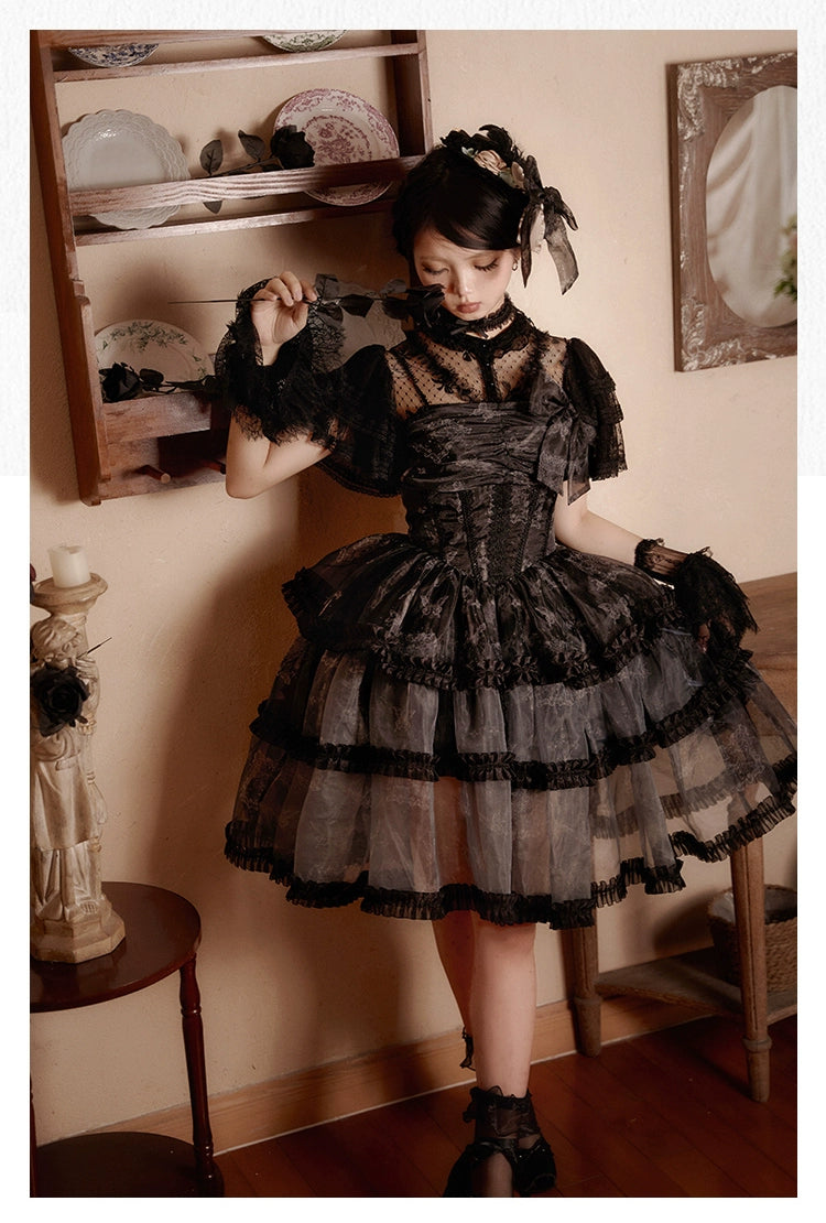 casual midi dressWith PUJI~Butterfly Dream SP~Classic Lolita JSK Dress Fishbone Black Dress