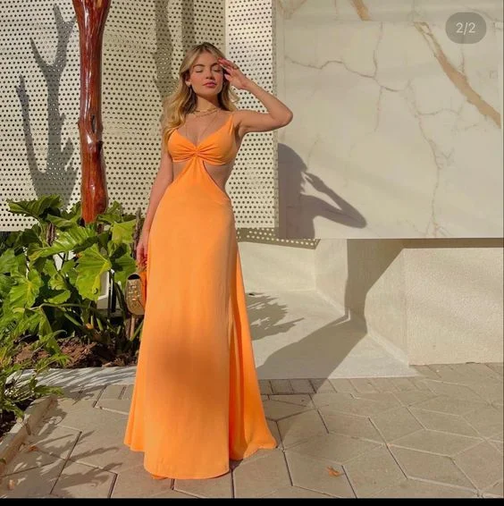 elegant shift dressSimple V Neck Orange Long Prom Dress,Orange Evening Dress Y6255