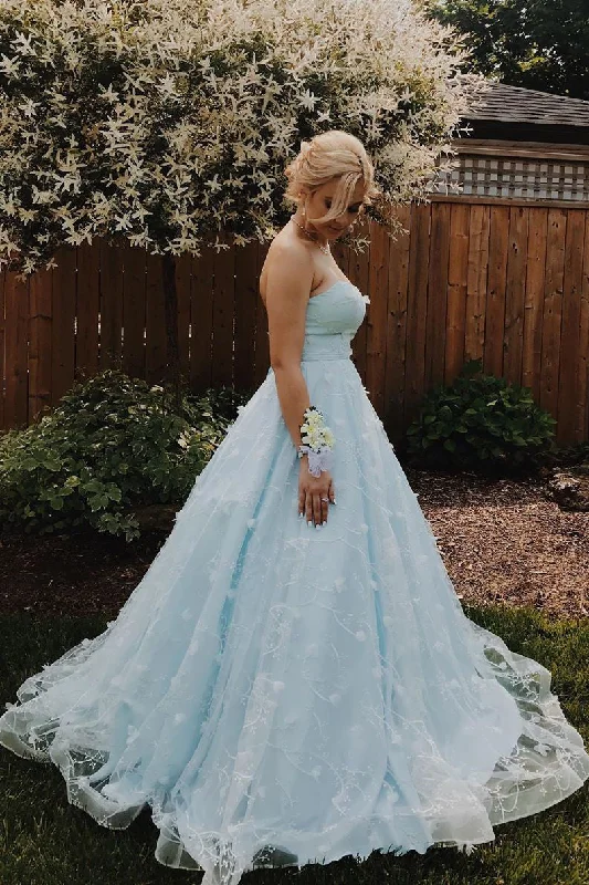 form-fitting dressElegant Strapless A-Line Light Blue Long Prom Dress