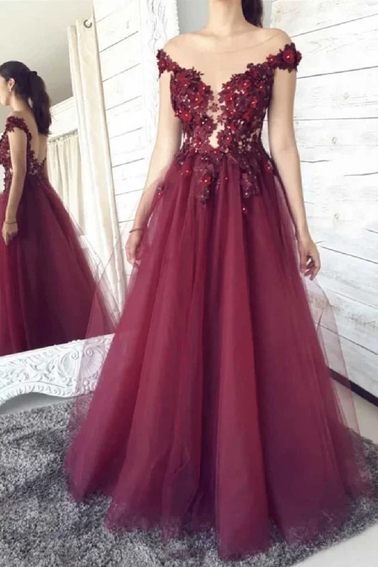 chic wrap dressGorgeous A-Line Burgundy Formal Dress with Flowers