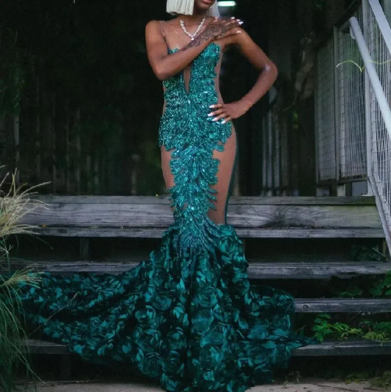 draped dressEmerald Green Sparkly Mermaid Prom Dresses For Black Girl Sheer Mesh Gillter Crystal Rose Floral Evening Ceremony Gown