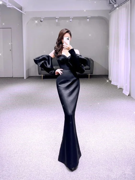 wool dressSimple Mermaid Black Prom Dress Satin Long Evening Dress Y6416