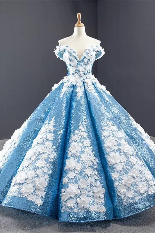 casual evening dressOff the Shoulder Blue and White Ball Gown