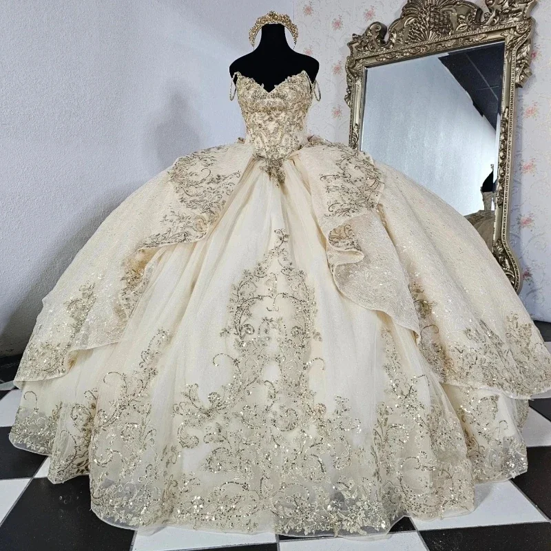 long sleeve dressLight Champagne Quinceanera Dresses 2024 Off the Shoulder Lace Applique Tulle Ball Gown Birthday Party Sweet 16 Vestidos De 15 A