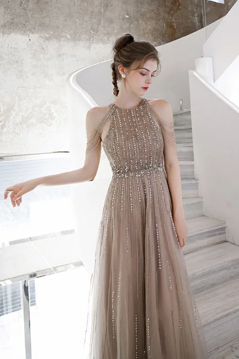 casual midi dressGorgeous Crew Neck Beaded Taupe Long Prom Dress