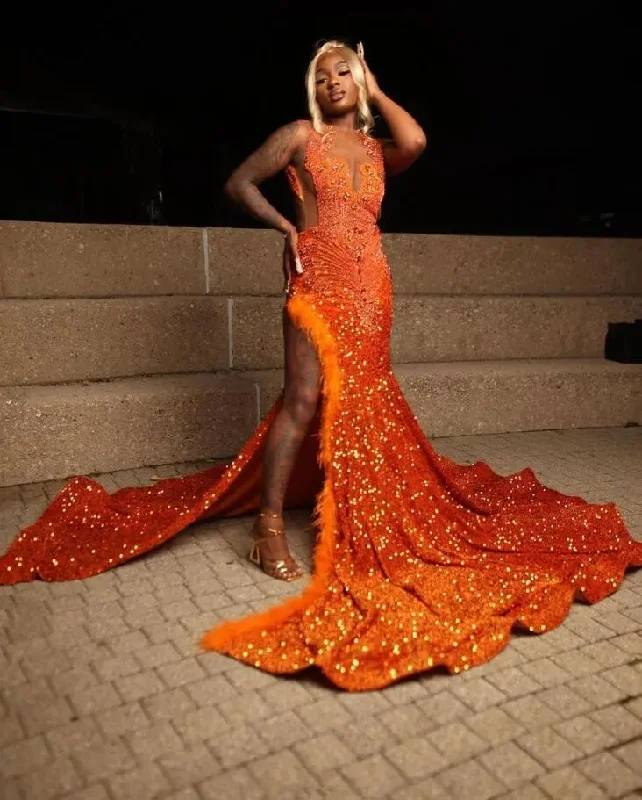 lace-up dressOrange Sparkly Mermaid Evneing Ceremony Party Dresses for Black Girl Luxury Diamond Velvet Slit Prom Gala Formal Dress Wear