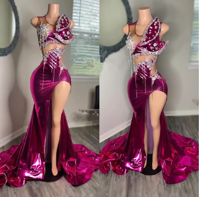 casual slip dressFuchsia Pink Mermaid Prom Formal Dress for Women Sparkly Crystal Beaded Sexy Slit vestidos de festa Evening Gown Black Girl