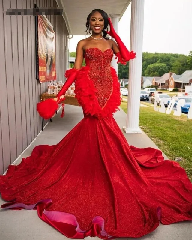 puff sleeve dressRed Luxury African Shinny Prom Dress For Black Girl With Glove Feathers Diamond Crystal Gillter Skirt Evening Formal Gown