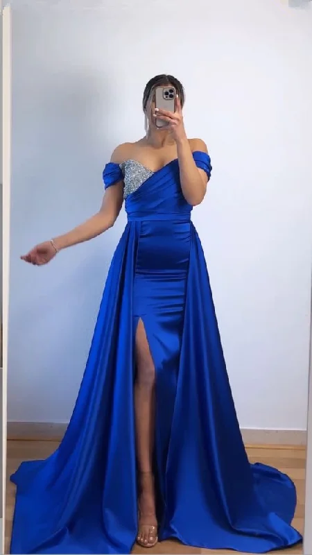 sleek dressOff The Shoulder Royal Blue Evening Dress With Split,Pageant Dress Y6005