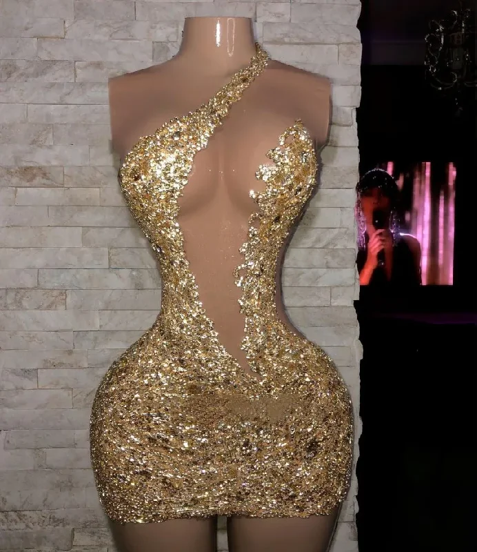 boho dressGold Lace Applique Prom Dresses One Shoulder Beads Women Short Night Party Dress Sequin Cocktai Wear robe de soiree femme