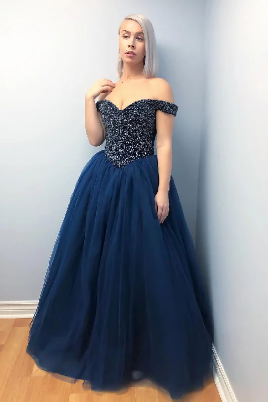 stylish dressOff the Shoulder Beaded Lace-Up Navy Blue Prom Dress