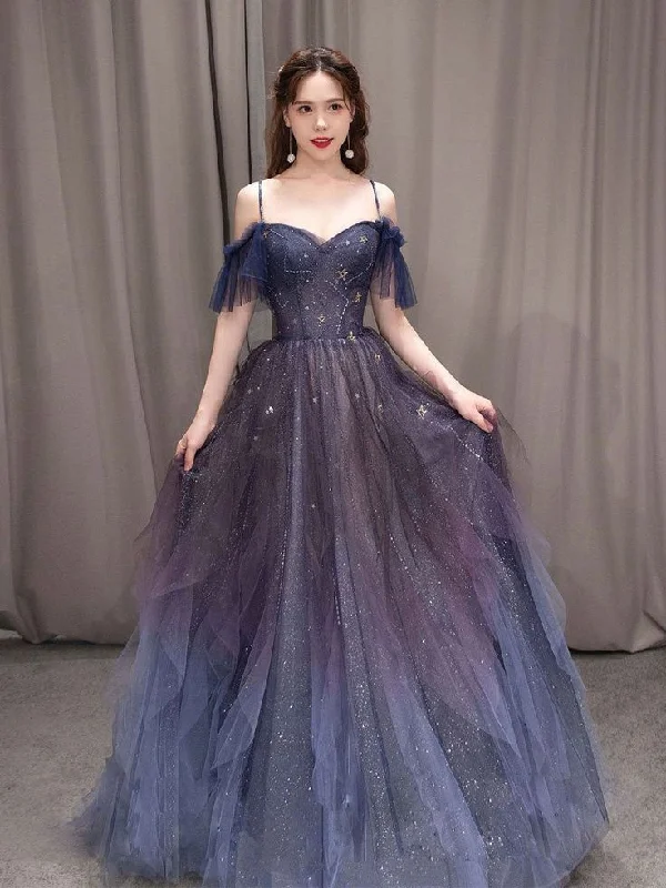 formal dressDark starry sky purple tulle long prom dress purple evening dress Y5847